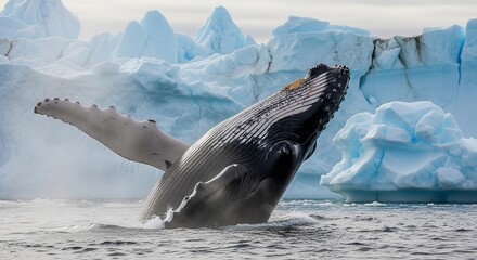 A majestic humpback whale breaches the icy antarctic waters with its massive fluke raised high above the surface