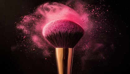 Black Makeup Brush With Gold Powder Splashes And Pink Powder Explosion: Vibrant And Colorful Beauty Tool For Every Makeup Enthusiast.