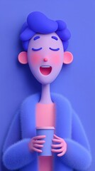 Happy teenage boy holding takeaway coffee cup with eyes closed in cozy 3D illustration. Concept of warmth, joy, and everyday comfort.