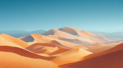 a picturesque desert landscape, featuring undulating sand dunes that stretch into the distance under a clear sky