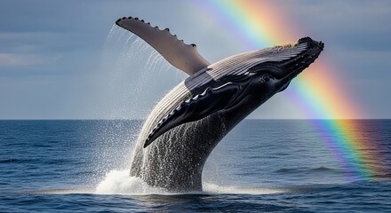 Majestic humpback whale breaching the ocean surface with a vibrant rainbow arching in the background on a clear day