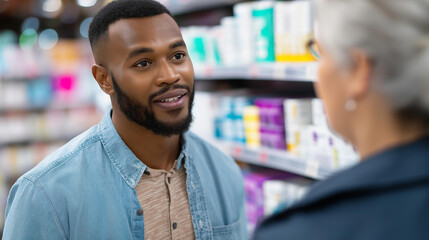 Fototapeta premium An African American man asks a senior female pharmacist about pill treatments hyper realistic medication labels with clear text moody shadows in an aisle bright saturation in