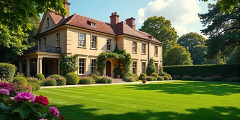 Obraz premium A Picturesque Estate Home with Lush Gardens and Well-Maintained Lawns on a Sunny Day