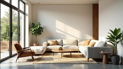 Sunlit Modern Living Room with Sectional Sofa and Wooden Accents