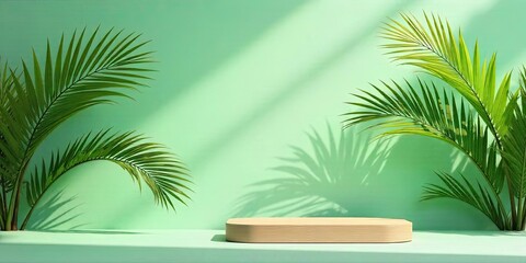 Fototapeta premium Serene Minimalist Display Featuring a Wooden Platform Adorned by Lush Greenery Against a Pastel Green Background