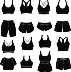 Black and white silhouette icons of various women's sports bras and shorts, perfect for activewear, fitness, fashion, and athleisure design themes.