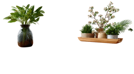Green Plants in Vases and Wooden Tray on Transparent Background