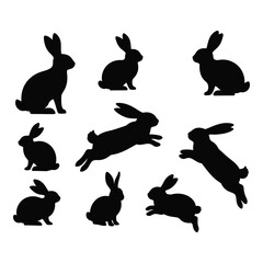 Collection of silhouette rabbits in various playful poses and activities captured in black silhouette