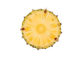 Close-up view of a circular pineapple slice against a black backdrop, showcasing its vibrant yellow flesh and intricate patterns.