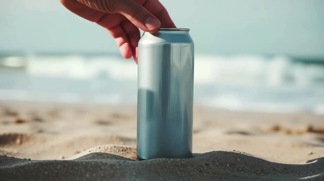 Tall silver can bottle, close-up. Space for design, drink can on the beach