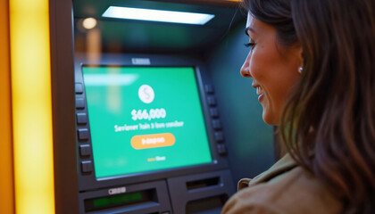 Woman Smiling While Checking Bank Balance at ATM in Urban Setting for Financial Blogs, Savings Awareness Articles, Banking Websites, and Personal Finance Guides