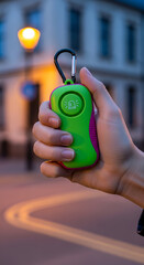 Hand holding a green personal safety alarm with a carabiner clip