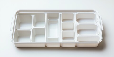 A white plastic organizer box sits on a white surface. The box has multiple compartments of varying sizes, designed to hold small items. The box is rectangular and has handles on either side.