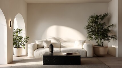 Modern living room with beautiful white sofa and flower pot with beautiful view 