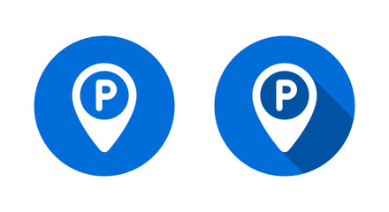 Parking location pin icon with long shadow. Map marker with letter P symbol