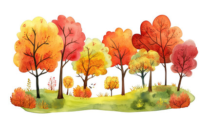 A autumn landscape featuring a variety of colorful trees in shades of red. orange. and yellow. set against a serene background with gentle hills and scattered foliage