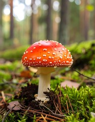 Red mushroom in forest floor