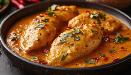 Close-Up Shot Of Delicious Chicken Fillet In Spicy Coconut Sauce On A Table. Horizontal Image Captures The Tasty Dish Perfectly.