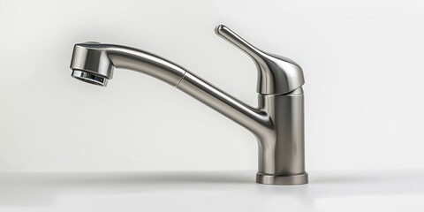 A brushed stainless steel kitchen faucet is positioned against a bright white background. The faucet features a curved spout and a lever handle. The faucet is centered in the frame