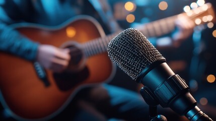 a studio microphone and acoustic guitar, showcasing the intricate details musical instruments.blurred background studio lighting,perfect for music production, sound engineering, studio-related content