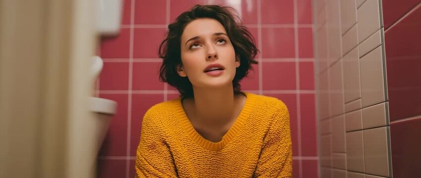 In the restroom, a young woman with a hot water bottle is experiencing period pains.