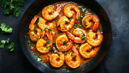 Pan-Seared Shrimp In Creamy Curry Sauce: A Top-Down, Horizontal Perspective Of A Delicious Seafood Dish Being Cooked In A Pan.