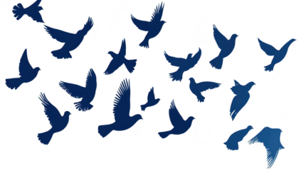 A dynamic arrangement of silhouettes depicting various bird species in flight against a clean. white background. illustrating freedom and natures beauty. suitable for wildlife-themed projects