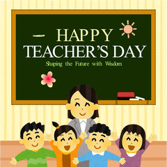 Happy Teachers' Day Celebration with a Teacher and Blackboard