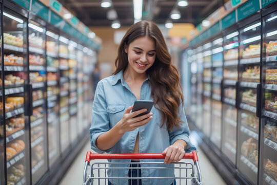 Smile woman using phone in grocery store with shopping and cart and food shelves blur background