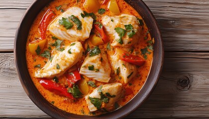 Delicious Brazilian Cuisine: Moqueca Baiana Of Fish And Bell Peppers In Zesty Coconut Sauce Served On A Table. Horizontal Image From Above.