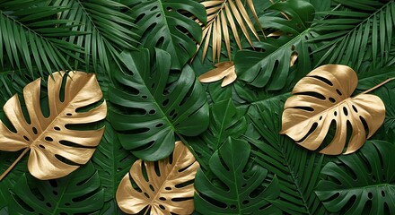 Tropical green and golden leaves background creative arrangement