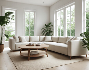 Fototapeta premium White living room with large sectional sofa, bright windows, round coffee table, indoor plants