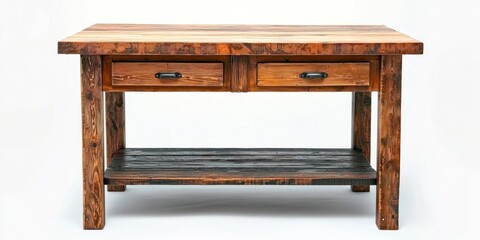 A rustic, handcrafted wooden island table sits on a white background. The table features a wide, rectangular top with a dark, weathered finish. It has two drawers with black metal pulls