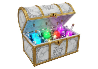 A treasure chest, adorned with ornate gold trim, showcases colorful glowing potions within its interior.