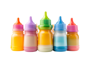 Five colorful baby bottles lined up isolated on transparent background