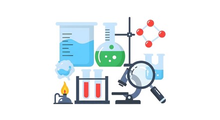 A collection of scientific laboratory equipment including beakers, flasks, test tubes, a Bunsen burner, a microscope, and a molecular model.