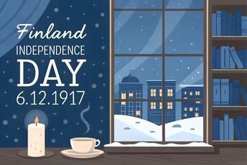 Finland independence day celebration with a cozy indoor scene and snowy cityscape
