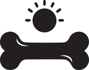 Vector art of a whimsical illustration of a bone beneath a radiant sun, symbolizing nourishment and warmth, the simple design evokes feelings of comfort and happiness on