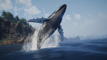 Fototapeta premium A highly realistic depiction of a humpback whale breaching in the ocean, capturing the awe-inspiring moment as the massive whale breaks through the water's surface.