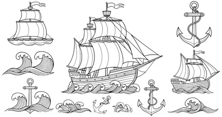 Classic sailing ships and anchors in vintage nautical design, timeless maritime art