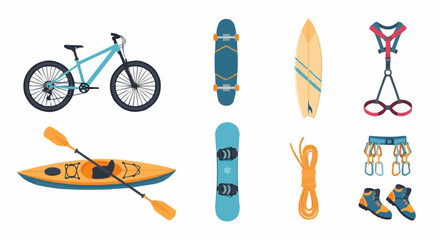 Outdoor adventure sports equipment set illustration mountain bike skateboard surfboard