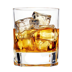 A close-up of a glass filled with amber whiskey and large ice cubes. the drinks rich color and clarity against a plain white background. ideal for beverage or cocktail-related content