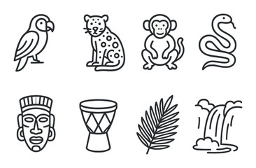 Jungle icon set featuring parrot, leopard, monkey, snake, tribal mask, drum, palm leaf, waterfall