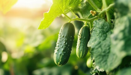 Close-Up Of Fresh Green Cucumbers Ripening In A Greenhouse Through Organic Cultivation With Selective Focus