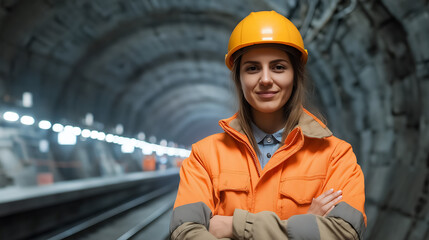 Female Engineer In Safety Helmet Underground Tunnel