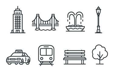 Obraz premium Urban icon set featuring buildings bridges and transportation elements