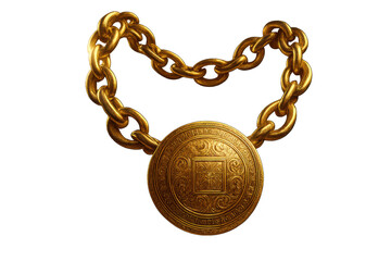 Luxury golden chain with ornate medallion, isolated on transparent background.
