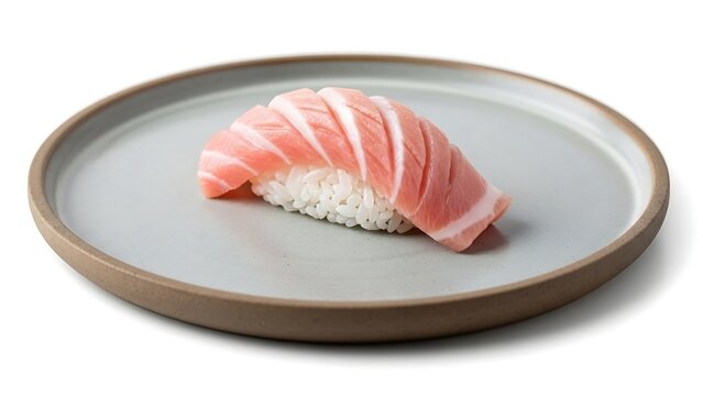 A single piece of premium fatty tuna nigiri sushi, also known as otoro, on a minimalist grey ceramic plate.