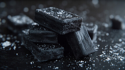 Black licorice pieces with powdered sugar on dark background  