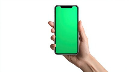 hand holding phone with green screen for mockup, isolated on white background